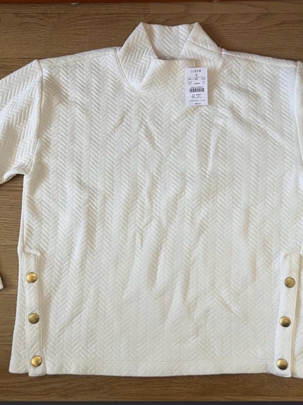 J. Crew Cream Quilted Mock Neck Long Sleeve Top with Gold Side Snaps